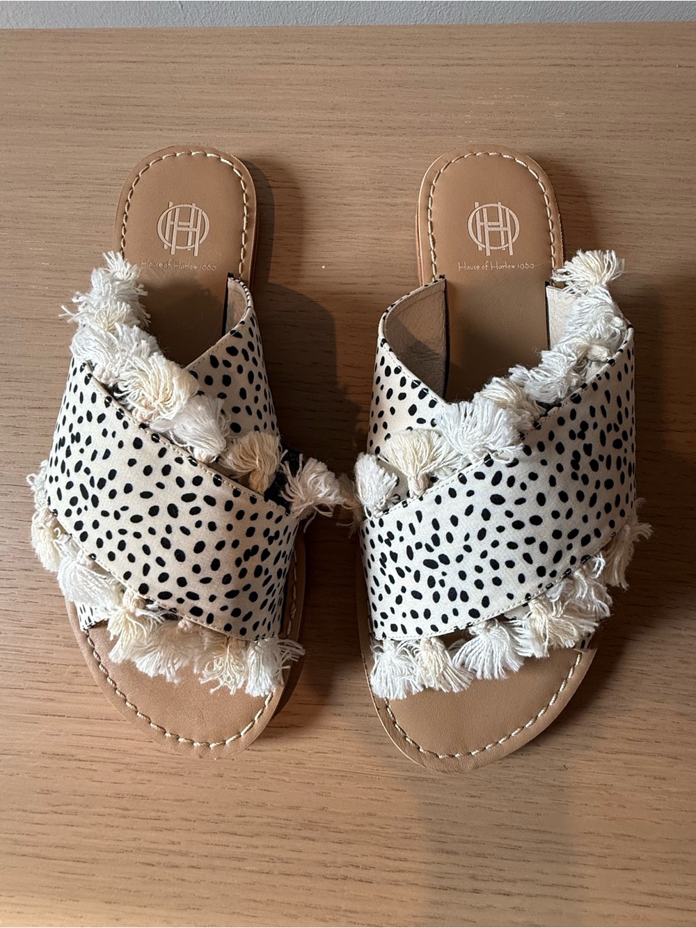 House of Harlow 1960 Cream & Black Tassel Slide Sandals with Spot Print